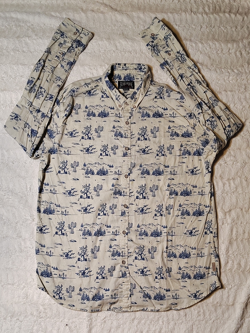 Flying Machine Desert Scene Button-Down Shirt in Cream and Navy
